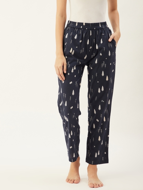 

9teenAGAIN Women Navy Blue & Off-White Cotton Printed Lounge Pants