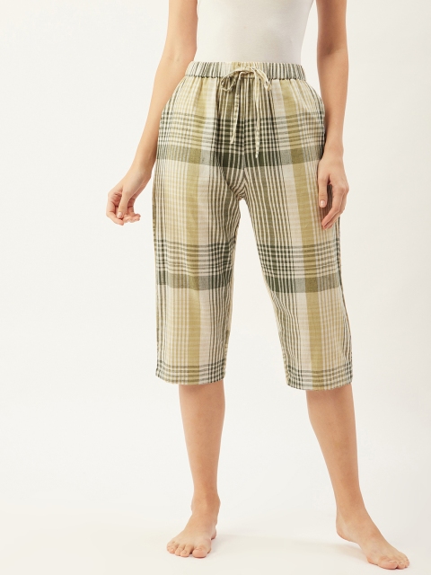 

9teenAGAIN Women Beige & Green Cotton Checked Lounge Capris
