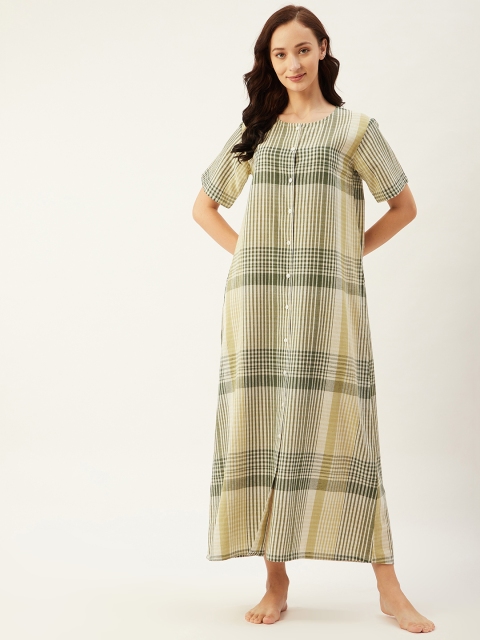 

9teenAGAIN Green & Off-White Cotton Checked Maxi Nightdress