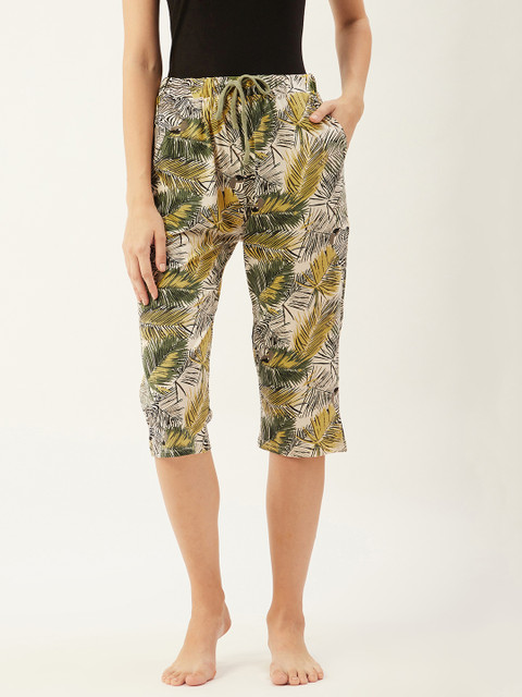 

9teenAGAIN Women Beige & Yellow Cotton Printed Lounge Capris