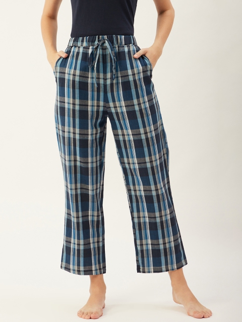 

9teenAGAIN Women Blue & White Checked Pure Cotton Lounge Pants