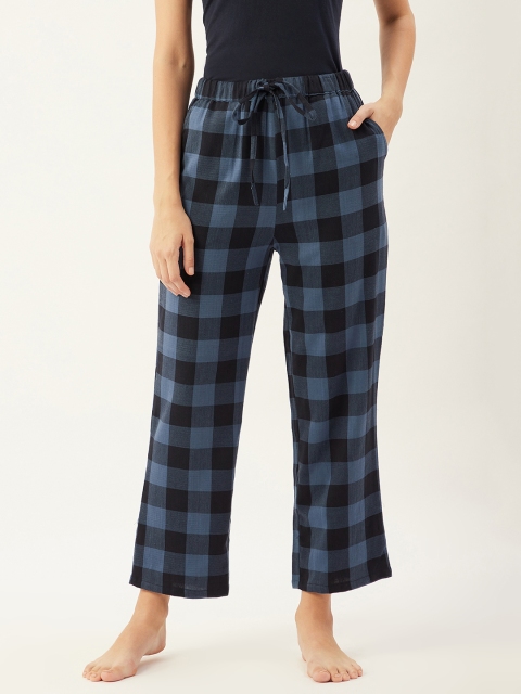 

9teenAGAIN Women Navy Blue & Black Checked Pure Cotton Lounge Pants