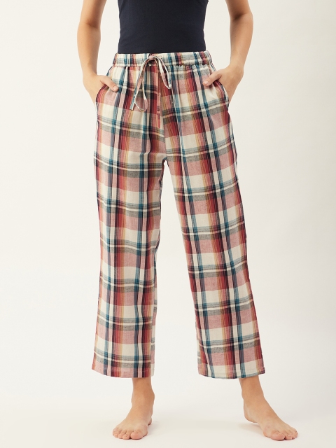 

9teenAGAIN Women White & Blue Checked Pure Cotton Lounge Pants