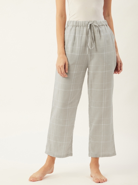

9teenAGAIN Women Grey & White Checked Pure Cotton Lounge Pants