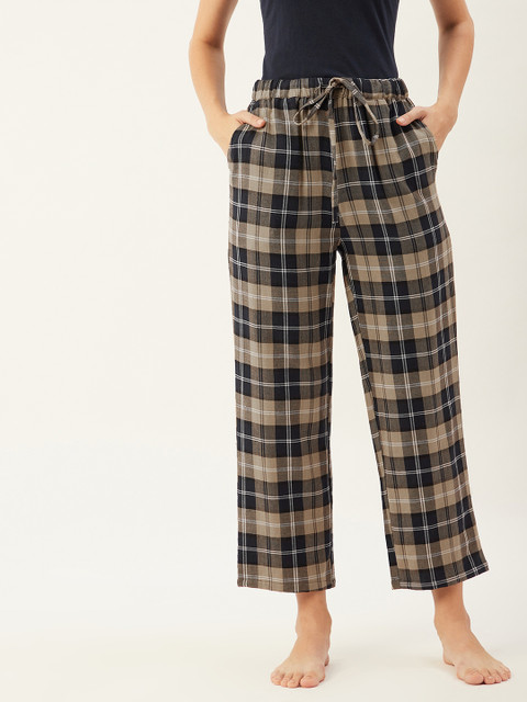 

9teenAGAIN Beige & Navy Blue Checked Pure Cotton Lounge Pants