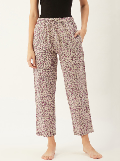

9teenAGAIN Women Beige & Mauve Printed Pure Cotton Lounge Pants