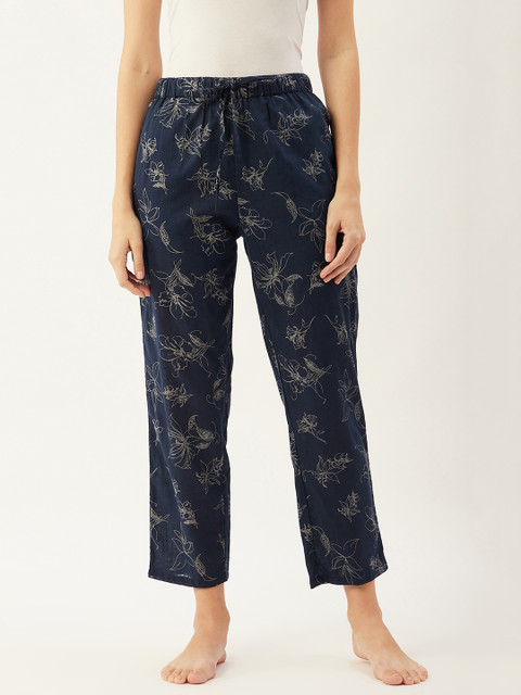

9teenAGAIN Women Navy Blue & Beige Floral Print Pure Cotton Lounge Pants