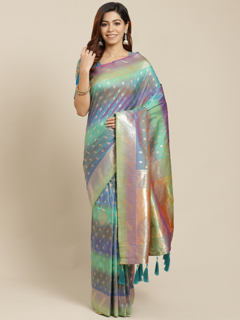 

MANOHARI Blue & Green Ethnic Woven Design Ready to Wear Banarasi Saree