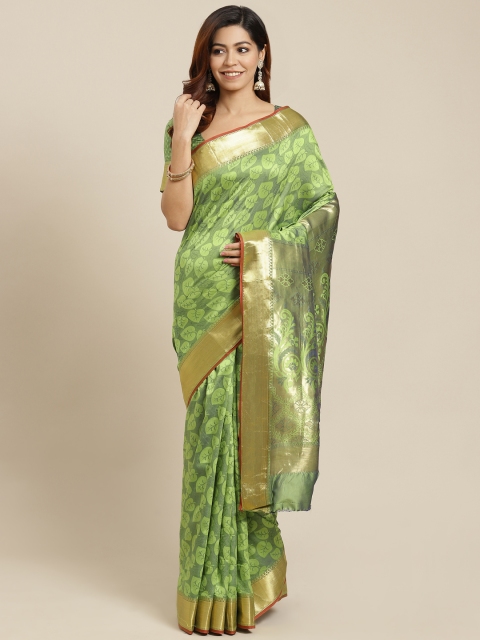 

MANOHARI Green & Golden Ethnic Woven Design Ready to Wear Banarasi Saree