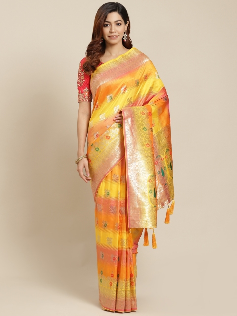 

MANOHARI Orange & Yellow Ethnic Woven Design Ready to Wear Banarasi Saree