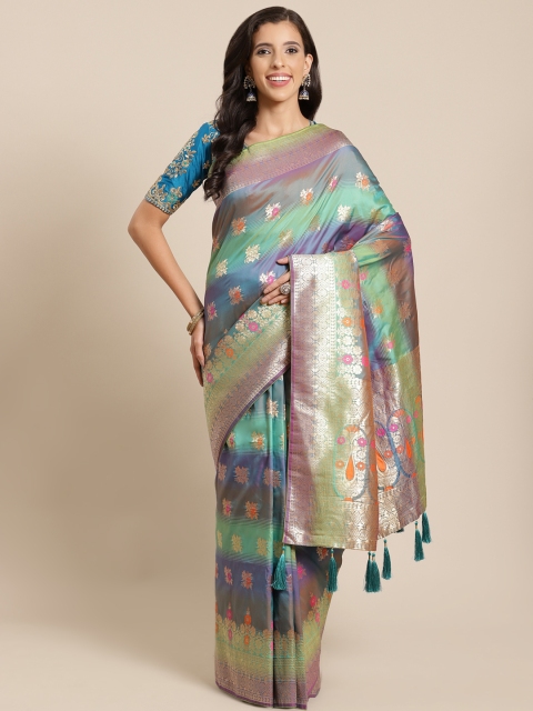 

MANOHARI Blue & Green Ethnic Motifs Zari Silk Blend Banarasi Saree