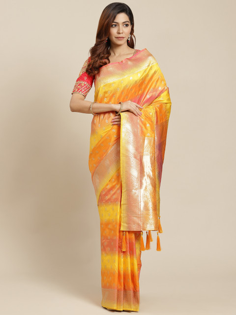 

MANOHARI Yellow & Orange Ethnic Woven Design Ready to Wear Banarasi Saree