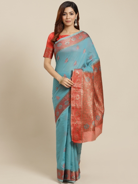 

MANOHARI Blue & Red Ethnic Woven Design Zari Ready to Wear Banarasi Saree