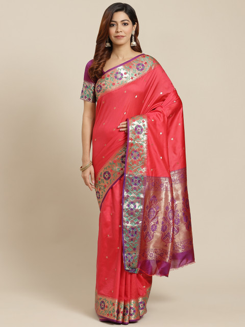 

MANOHARI Women Coral Pink & Purple Ethnic Motifs Zari Banarasi Saree