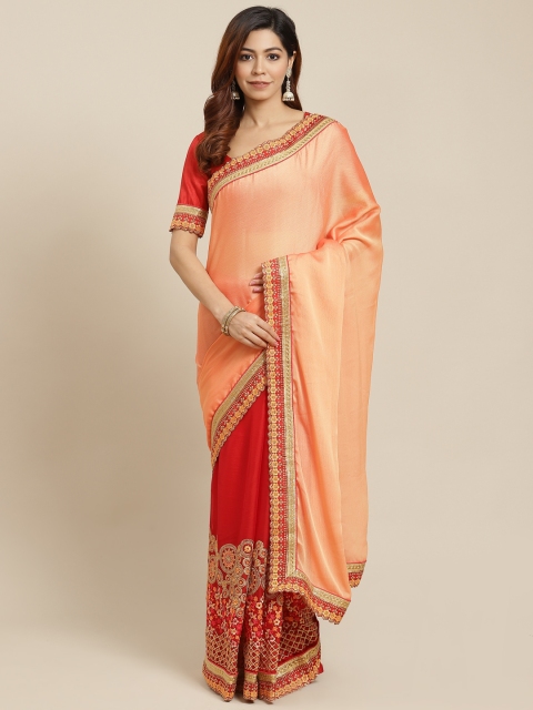 

MANOHARI Women Peach-Coloured & Red Ethnic Motifs Embroidered Art Silk Saree