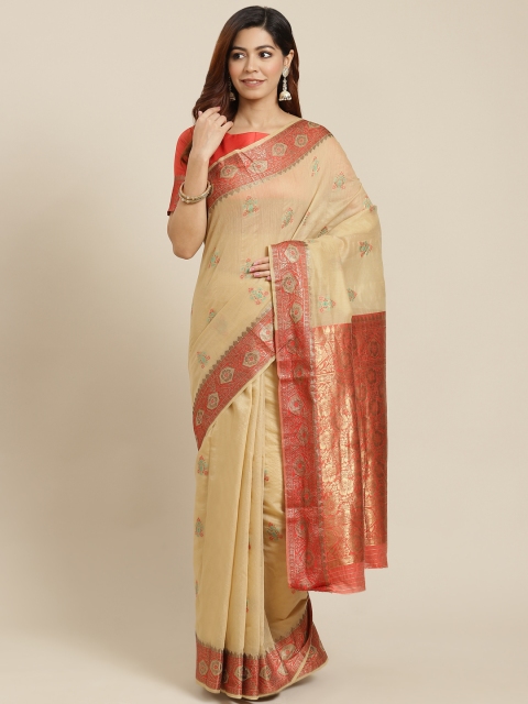 

MANOHARI Women Beige & Red Ethnic Motifs Zari Banarasi Saree