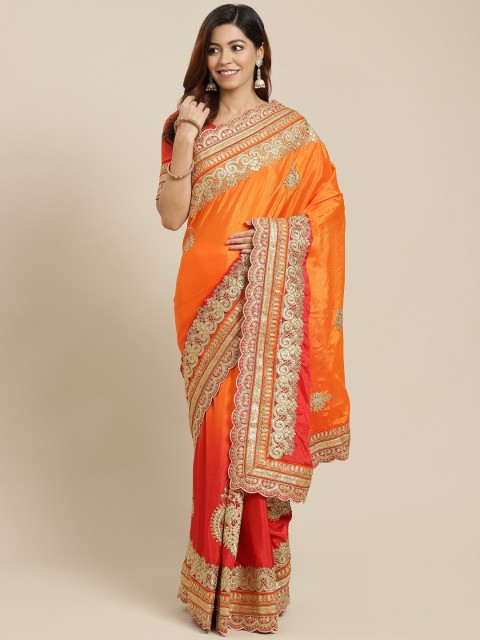

MANOHARI Women Orange & Red Ethnic Motifs Embroidered Pure Chiffon Saree