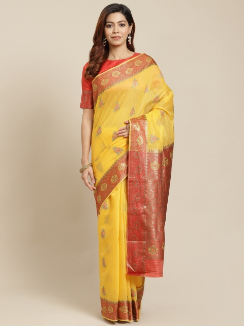 

MANOHARI Women Yellow & Red Ethnic Motifs Zari Banarasi Saree