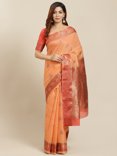 

MANOHARI Women Peach-Coloured & Red Ethnic Motifs Zari Banarasi Saree