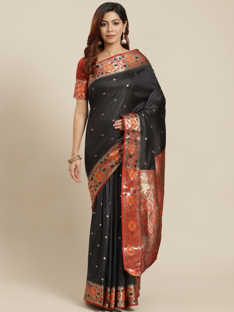 

MANOHARI Women Black & Red Ethnic Motifs Zari Banarasi Saree