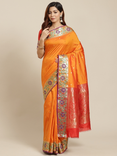 

MANOHARI Women Mustard & Red Ethnic Motifs Zari Banarasi Saree
