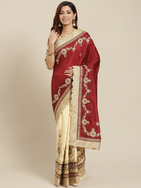 

MANOHARI Maroon & Beige Ethnic Motifs Embroidered Half and Half Saree