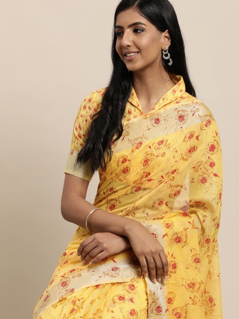 

LADUSAA Yellow Floral Zari Saree