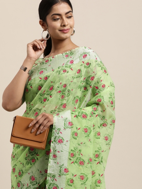 

LADUSAA Green Floral Saree