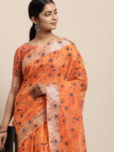 

LADUSAA Orange Floral Saree