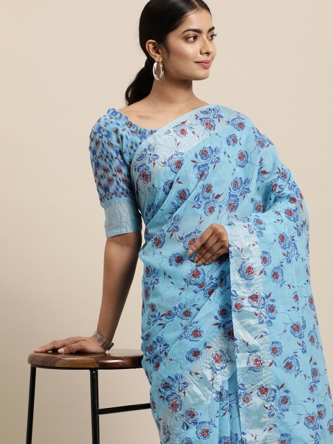 

LADUSAA Turquoise Blue Floral Saree