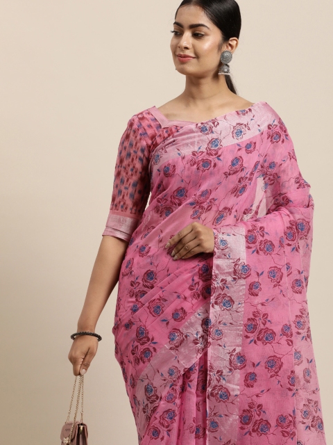 

LADUSAA Pink & Blue Floral Saree