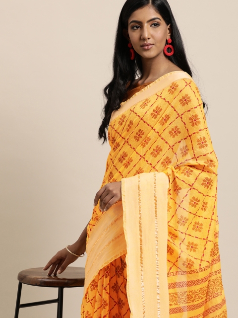 

LADUSAA Yellow & Red Floral Zari Saree