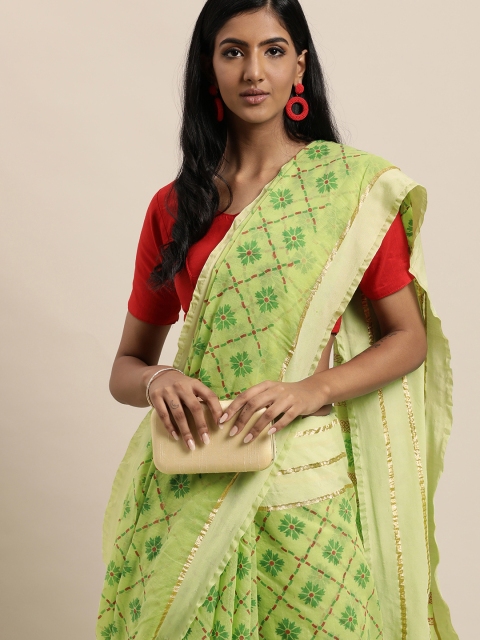 

LADUSAA Green & Red Floral Zari Saree