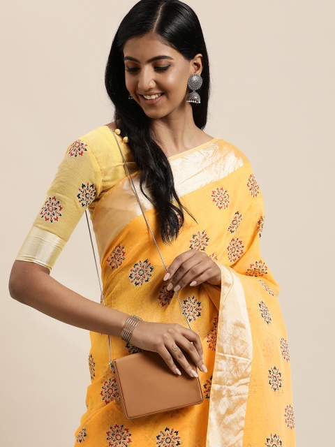 

LADUSAA Yellow & Red Floral Saree