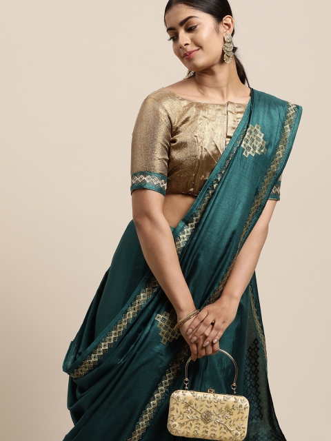 

LADUSAA Turquoise Blue Floral Zardozi Silk Blend Saree