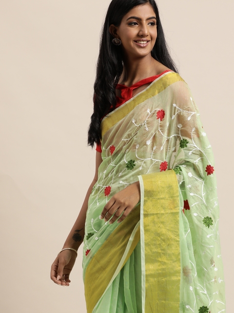 

LADUSAA Green & Red Floral Embroidered Saree