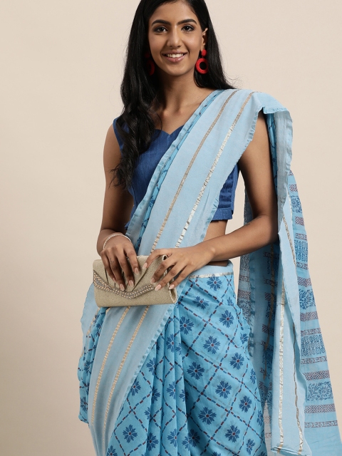 

LADUSAA Blue Floral Zari Saree