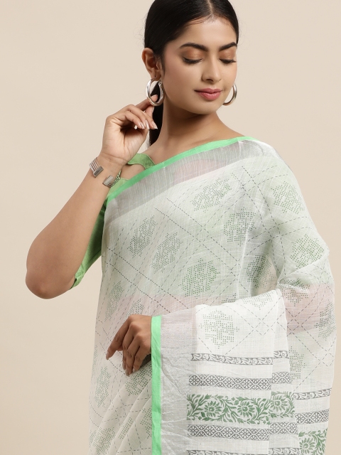 

LADUSAA Green & White Floral Zari Linen Blend Saree