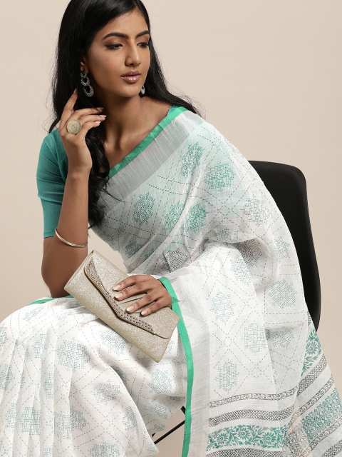 

LADUSAA Green & White Floral Zari Linen Blend Saree