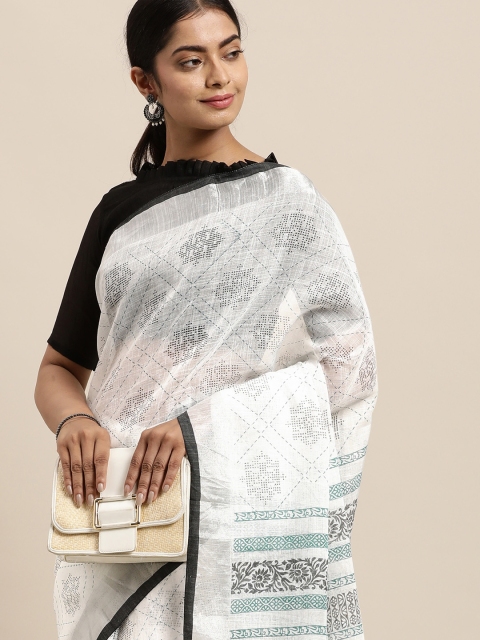 

LADUSAA Black & White Floral Zari Linen Blend Saree