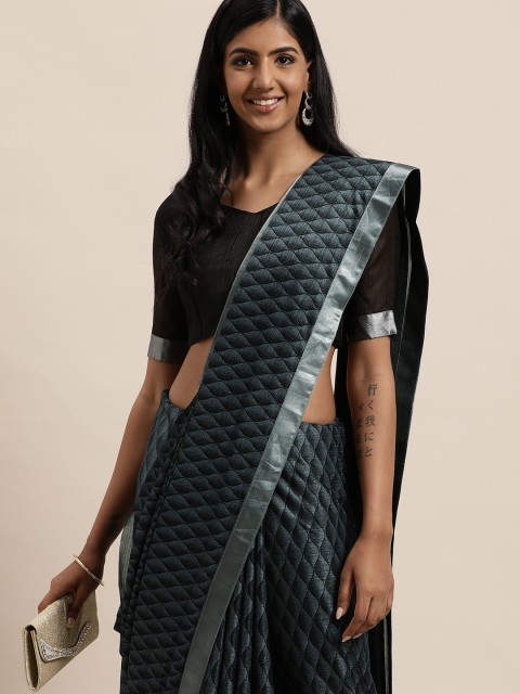 

LADUSAA Blue & Silver-Toned Floral Beads and Stones Saree