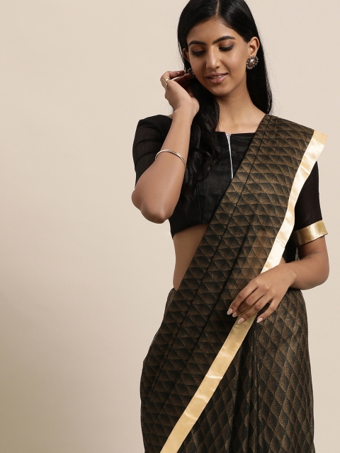 

LADUSAA Coffee Brown Geometric Beads and Stones Saree
