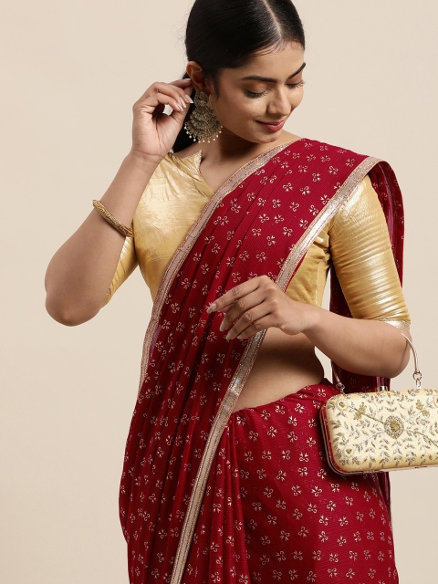 

LADUSAA Coffee Brown & Red Floral Mukaish Saree