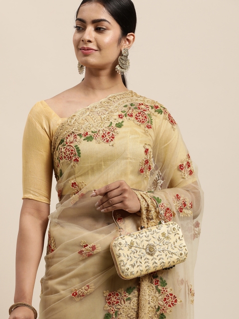

LADUSAA Beige Floral Beads and Stones Net Saree