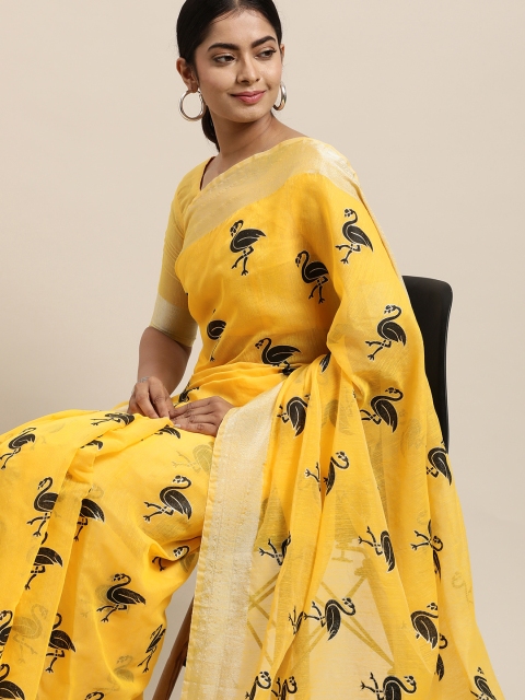 

LADUSAA Yellow & Black Geometric Saree