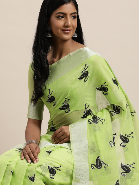 

LADUSAA Green & Black Geometric Saree