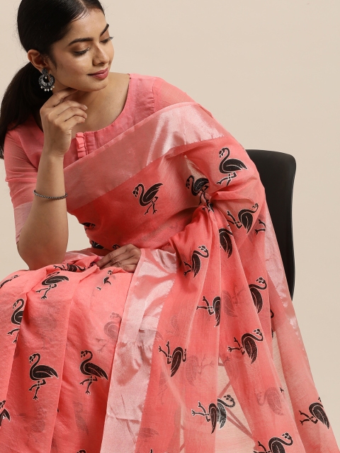 

LADUSAA Pink & Black Geometric Saree