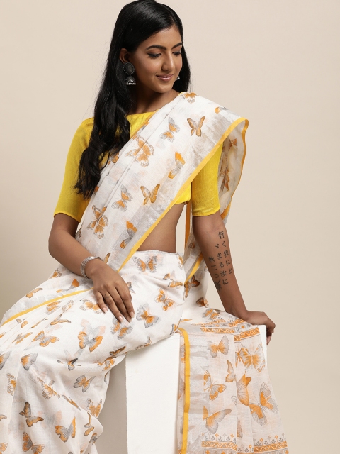 

LADUSAA Yellow & White Floral Zari Linen Blend Saree