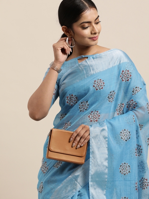 

LADUSAA Turquoise Blue Floral Zari Saree