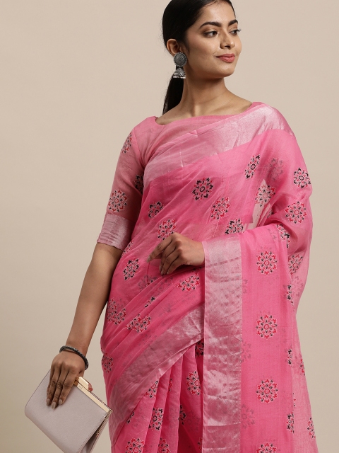 

LADUSAA Pink Floral Zari Saree